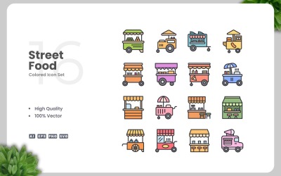 Conjunto de 16 iconos de colores de comida callejera