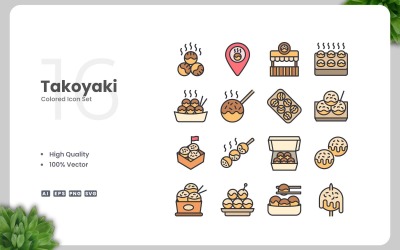 16 Takoyaki färgade ikoner Set