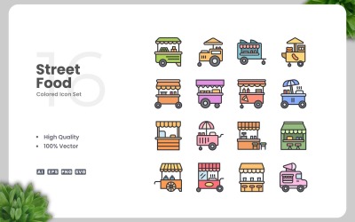 Набор из 16 цветных иконок уличной еды