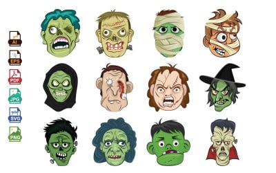 Horrorgezicht vectorillustraties | Enge schedel en griezelige zombie clipart | Halloween digitale kunst