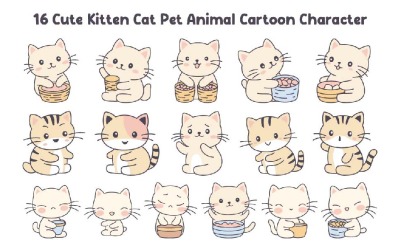 16 Cute Kitten Cat Pet Animal Cartoon Character