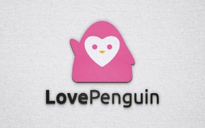 Modello di logo con personaggio dei cartoni animati di pinguino con cuore e mano che saluta
