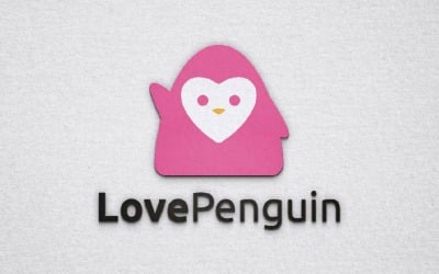 Sevimli Aşk Kalp Penguen Hayvan Karikatür Karakteri El Sallayan Logo Şablonu