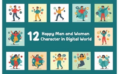 12 Glücklicher Mann und Frau Charakter in der digitalen Welt