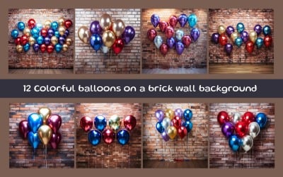 Colorful balloons on a brick wall background