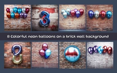 Colorful neon balloons on a brick wall background