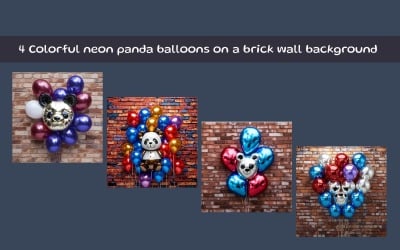 Colorful neon panda balloons on a brick wall background