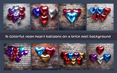 Globos de corazón de neón de colores sobre un fondo de pared de ladrillos
