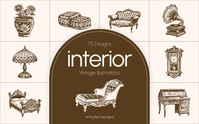 Vintage interieur illustratieset