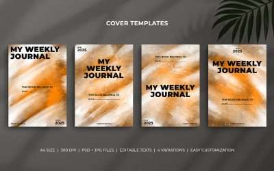 Weekly Journal Editable Cover Templates with Dark Orange Watercolor Brush Effect and Minimal Design