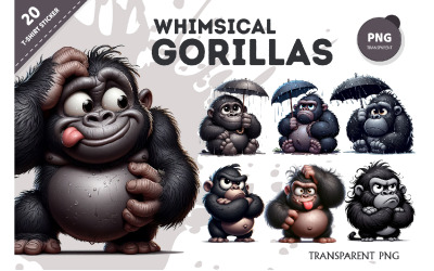 Nyckfulla tecknade gorillor. T-shirt, PNG.
