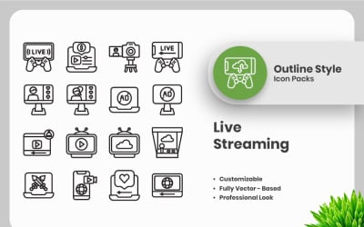 20 Set of Live Streaming Outline Icon Collection