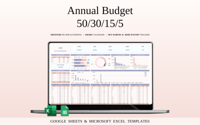 Annual 50/30/15/5 Budget Spreadsheet Template for Google Sheets and Excel