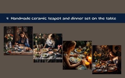 Handmade ceramic teapot and dinner set on the table