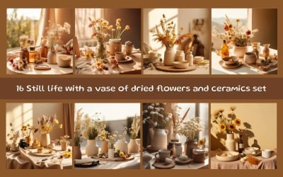 Nature morte avec un vase de fleurs séchées et un service en céramique