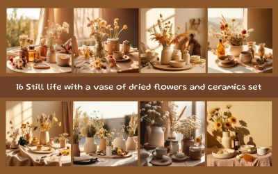 Still life with a vase of dried flowers and ceramics set