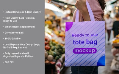 Tote Bag Mockup Held by Woman in Street Market Urban Lifestyle Tote Bag Mockup