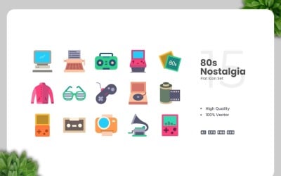 15 80’s Nostalgia Flat Icons Set