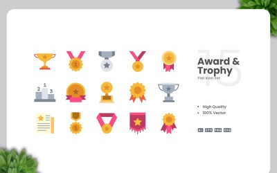 15 Award and Trophy Flat Icons Set