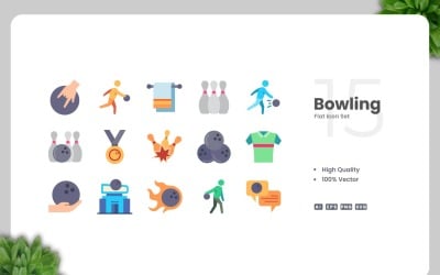 15 Bowling platt ikoner set