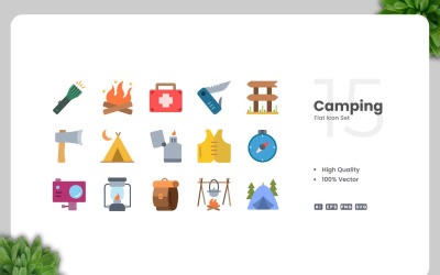 15 Camping Flat Icons Set