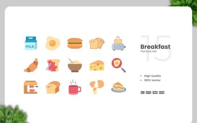 15 frukost platt ikoner set