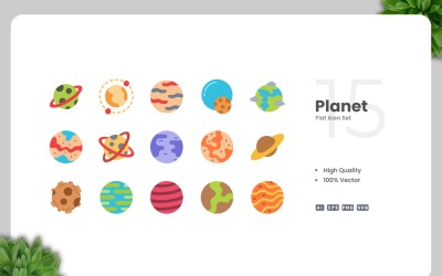 Coleção de 15 ícones de planetas planos