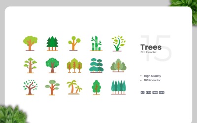 Collezione di 15 icone piatte di alberi