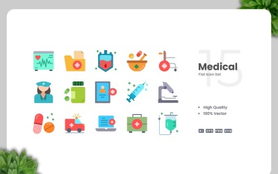 15 medicinska platt ikoner set