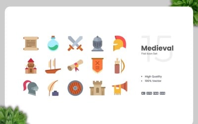 15 Medieval Flat Icons Set