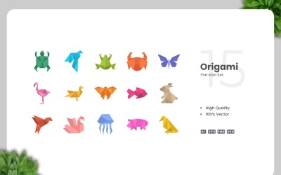 15 Origami Flat Icons Set