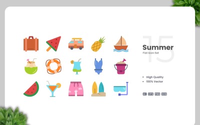 15 Zomer Flat Icons Collectie