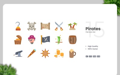 Set di 15 icone piatte dei pirati