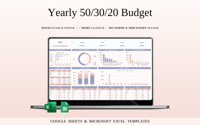Roczny szablon arkusza kalkulacyjnego budżetu 50/30/20 dla programów Excel i Arkusze Google