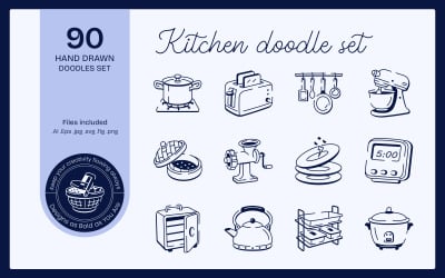 Modern köksdoodle ikonuppsättning