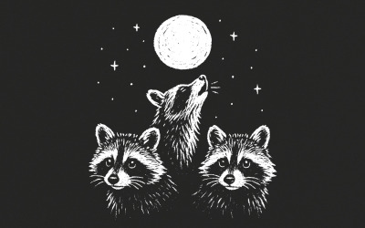 Moonlit Raccoon Trio PNG, Woodland Animal PNG, Forest Animal PNG, Hand Drawn Wildlife, Nocturnal
