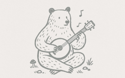 Bear Playing Banjo PNG – Cute Animal Music Illustration PNG, Woodland Folk Art Design for T Shirts,
