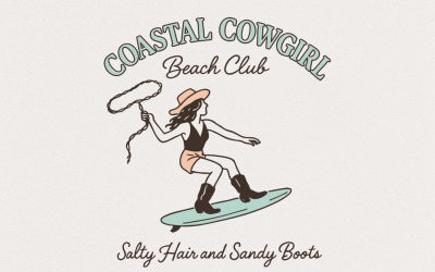 Coastal Cowgirl Beach Club PNG, Salty Hair and Sandy Boots, Retro Western Surf T-Shirt PNG, Beach