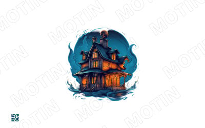 Haunted House Illustration with Mysterious Atmosphere and Glowing Lights