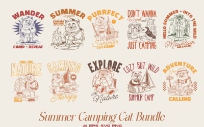 Summer Camping Cat T-shirt Designs Bundle
