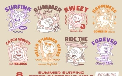 Summer Surfing Retro Cartoon T-shirt Designs Bundle