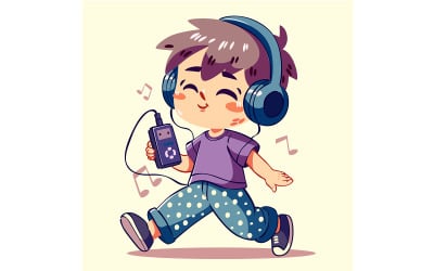 男孩用耳机听欢快的曲调