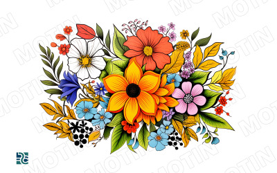Vibrant Floral Bouquet of Colorful Blooms and Leaves on a White Background