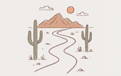 Minimalist Desert PNG Art, Boho Landscape with Cactus and Mountains, Western PNG Vintage Southwest