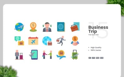 15 Business Trip Flat Icons Set