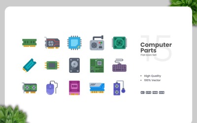15 Computer Parts Flat Icons Set