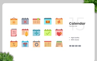 15 kalender platt ikoner set