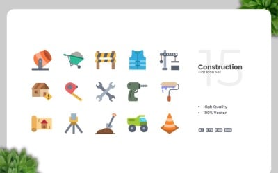 15 konstruktion platt ikoner set