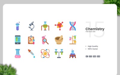 Zestaw 15 ikon chemii płaskiej
