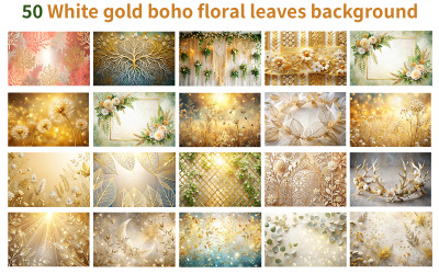 White gold boho floral leaves background